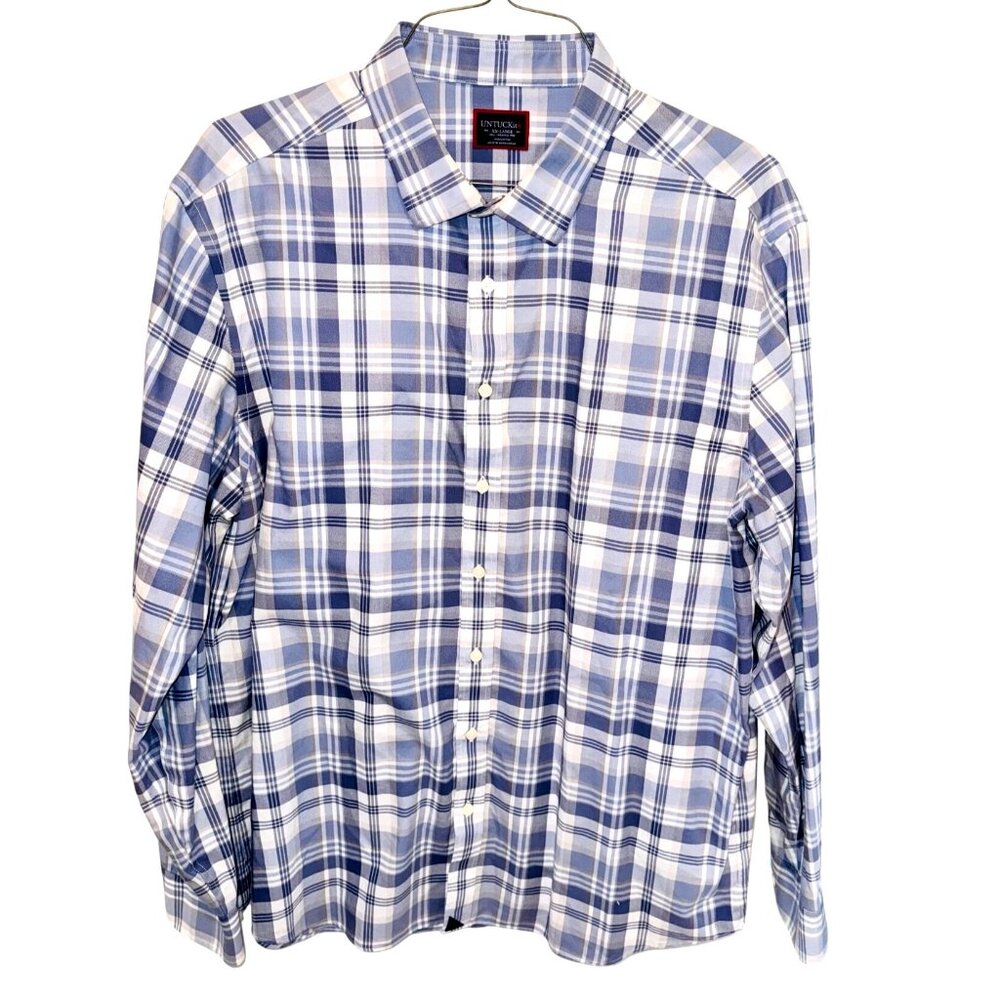 Untuckit Shirt Men XXL Terrantez Wrinkle Free Button L/S Shirt Blue plaid Office